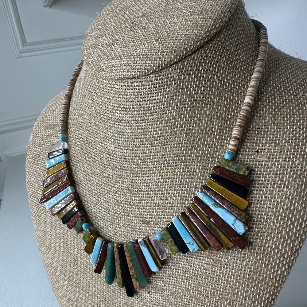 **SOLD**Boho Multicolor Shell Necklace – Natural Heishi Beads & Stone Slab Fan - Picture 3 of 5